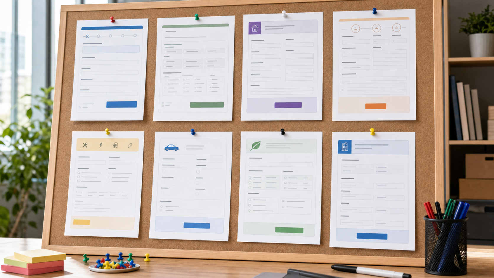 Multiple laptops and printed cards showing quote request form examples for different service businesses.