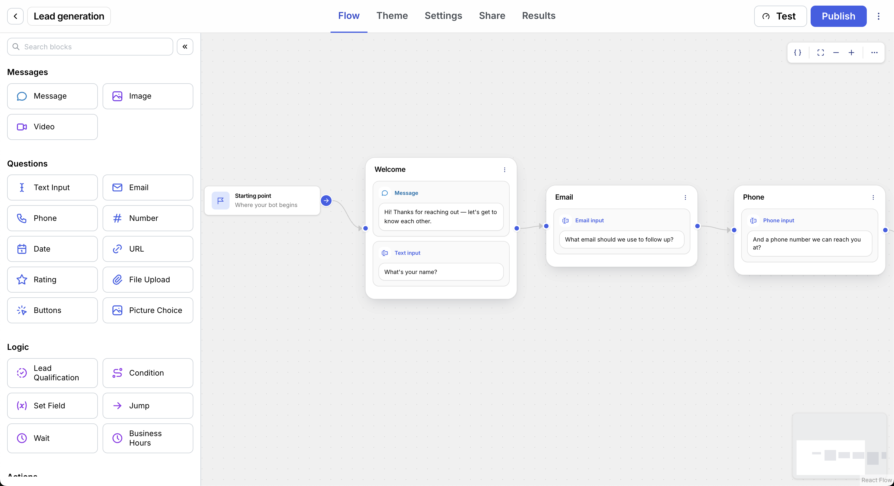 Website intake flow builder showing lead qualification questions for a web design project